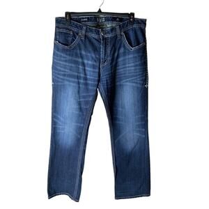 Affliction Cooper Denim Jeans Men 36R Straight Buckle Whiskers Big Stitches Blue